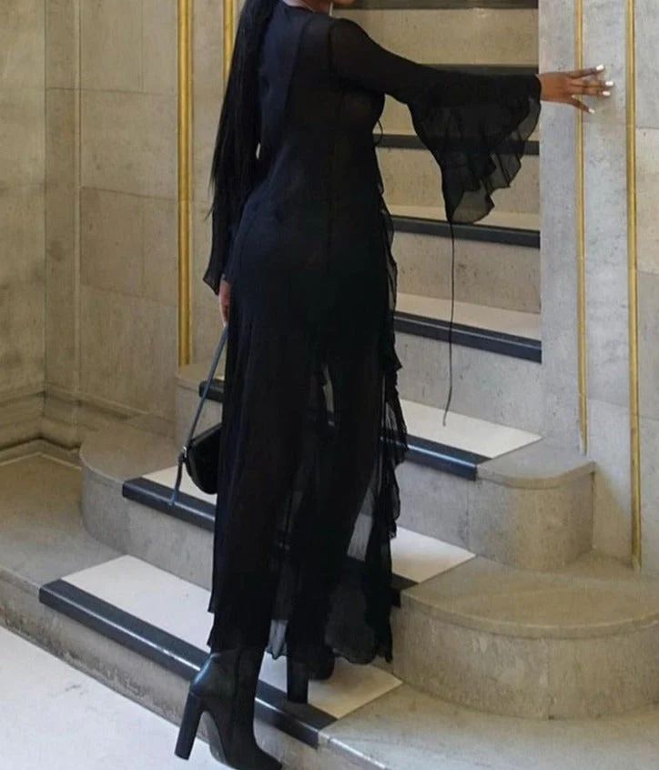 Mesh Long Sleeve Black See Through Cardigan Lace Up Sexy Midi Dress  Summer Women Fashion Beach Party Club Outfit - Deanwangkt