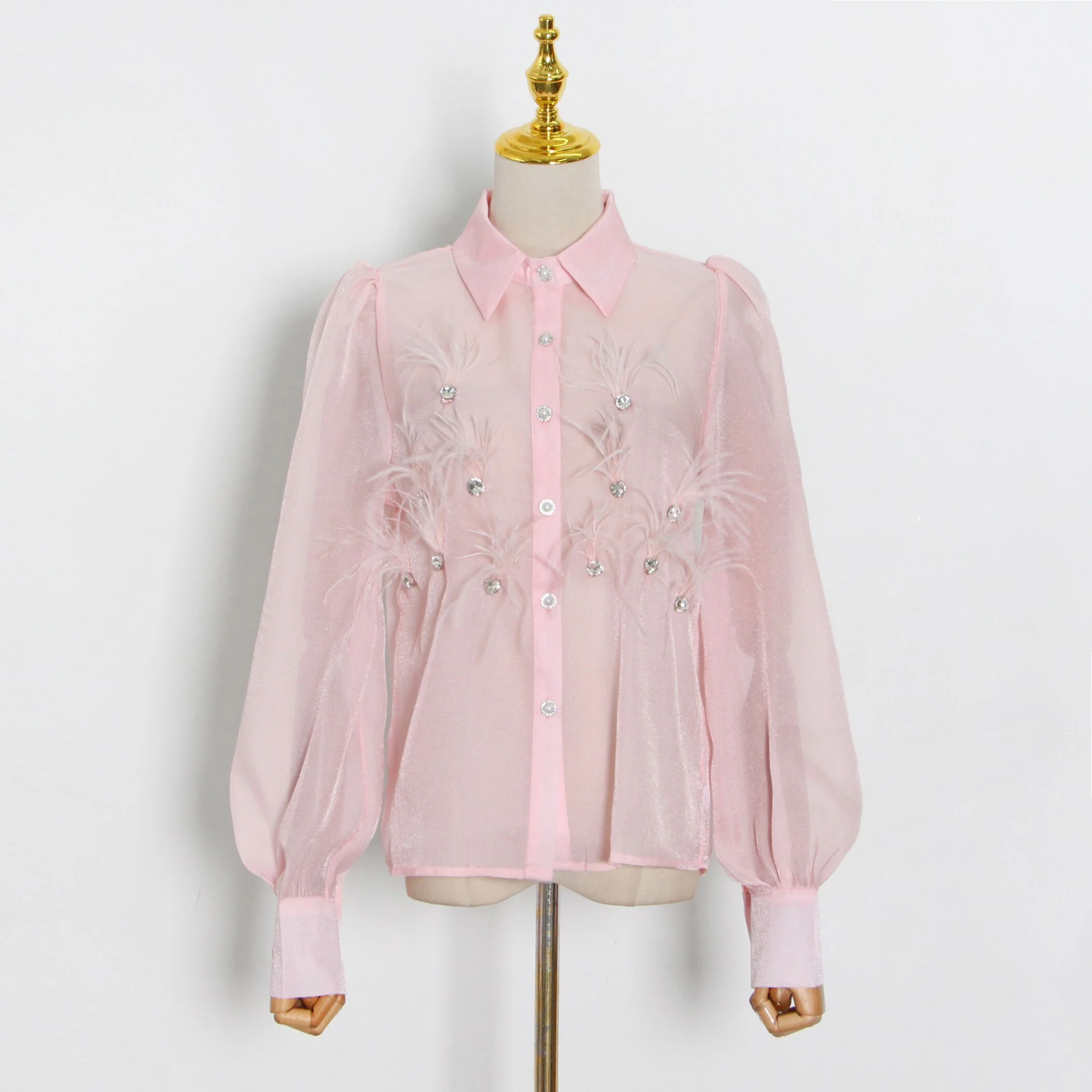 deanwangkt Casual Solid Shirt For Women Lapel Long Sleeve Patchwork Feathers Button Through Blouse Female Fashion Clothing New - Deanwangkt