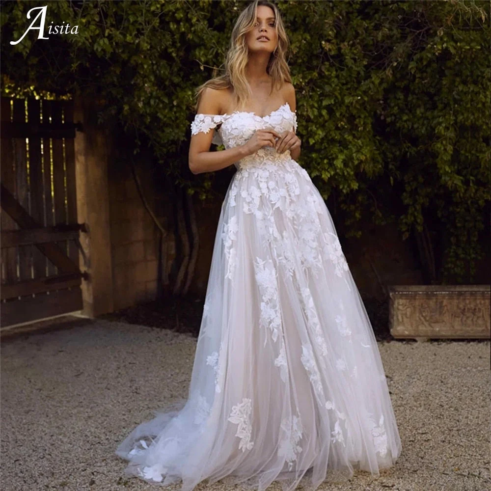 Boho Sexy Off the Shoulder Cheap Wedding Dresses A Line Lace Appliques Backless Bridal Gown Vestido De Noiva Wedding Gown - Deanwangkt