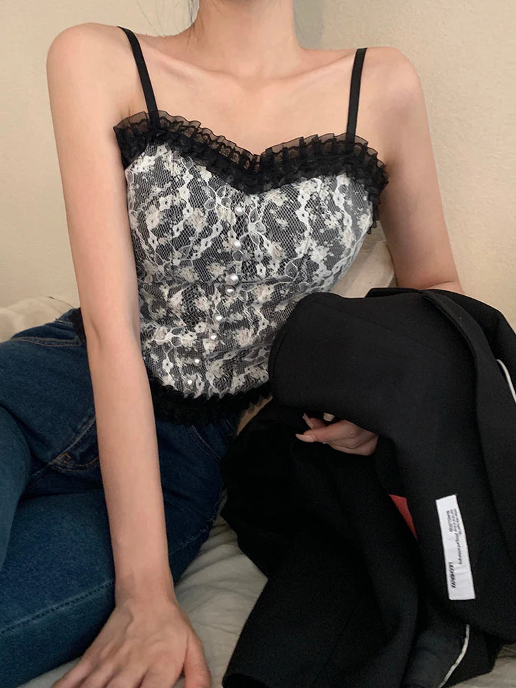 deanwangkt Women Vintage Camisole Summer Floral Chic Korean Girls Single-breasted Pearl Button Lace Crop Top Camisoles For Women Streetwear - Deanwangkt