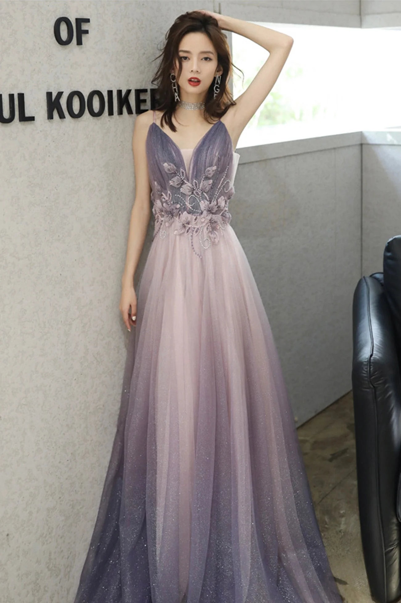 solvbao Purple V-Neck Tulle Long Prom Dresses, A-Line Evening Dresses - Deanwangkt