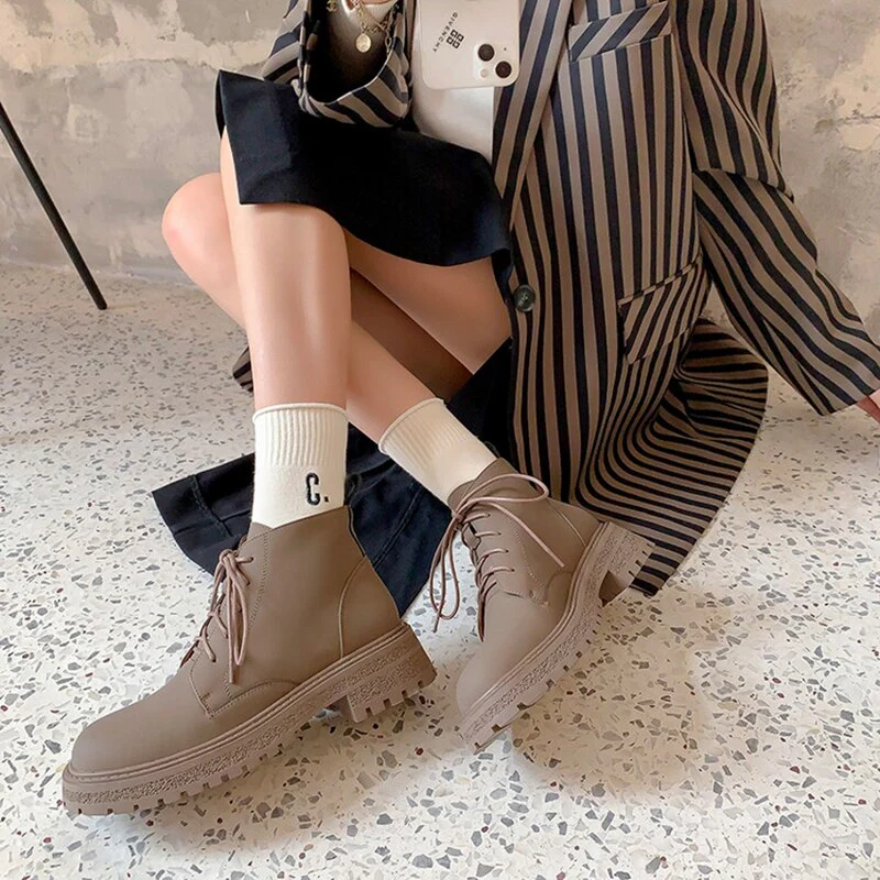 deanwangkt Autumn Boots    NEW Autumn Shoes Women Round Toe Chunky Shoes Split Leather Ankle Boots Lace-up Short Boots for Women Solid Black Winter Boots - Deanwangkt
