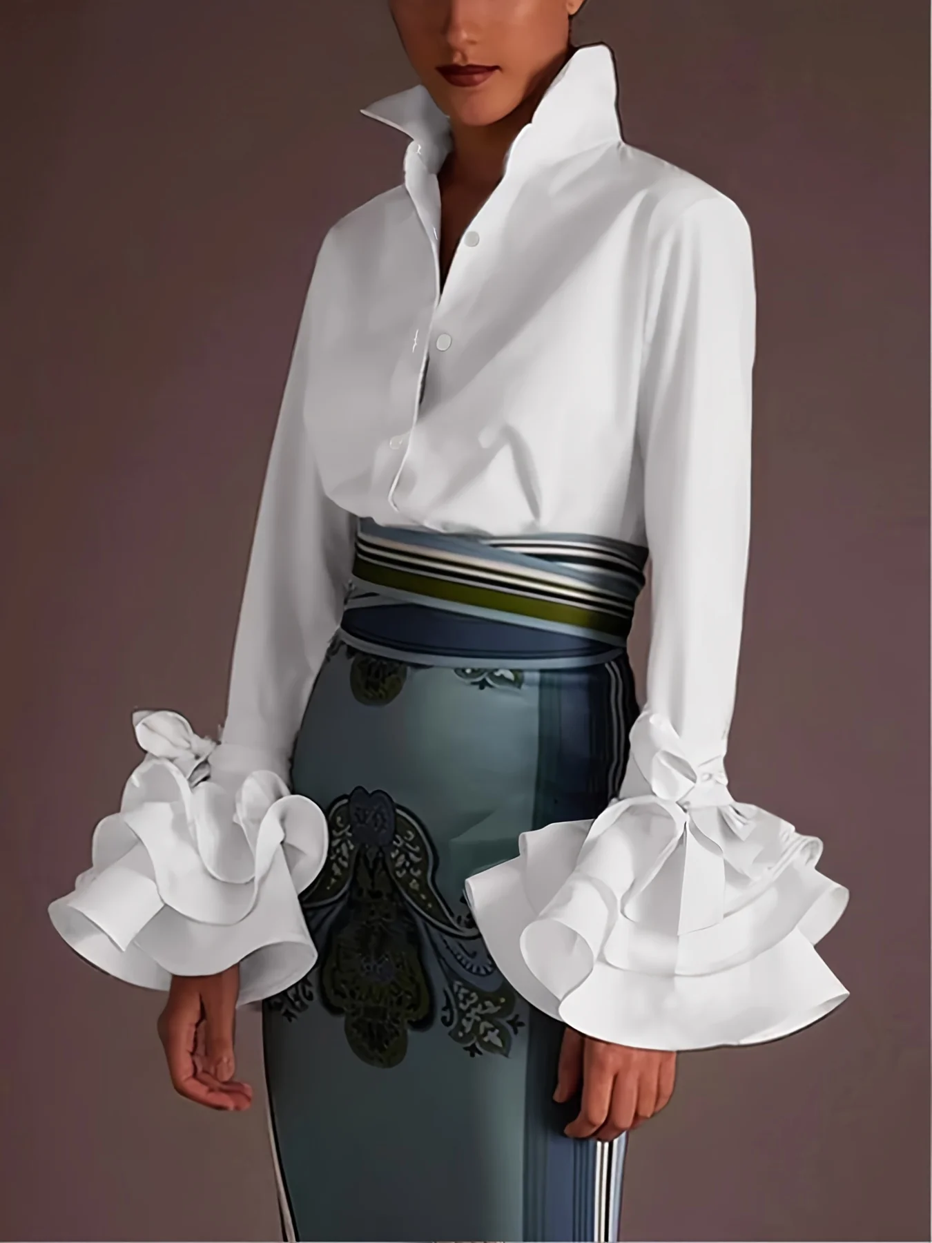 Plus Size Elegant Blouse, Women's Plus Solid Button Up Layered Sleeve Turn Down Collar Blouse - Deanwangkt