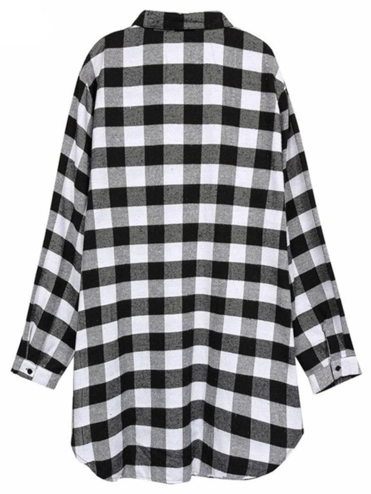 deanwangkt Women Plaid Casual Loose Fit Simple Long Sleeve Shirt - Deanwangkt