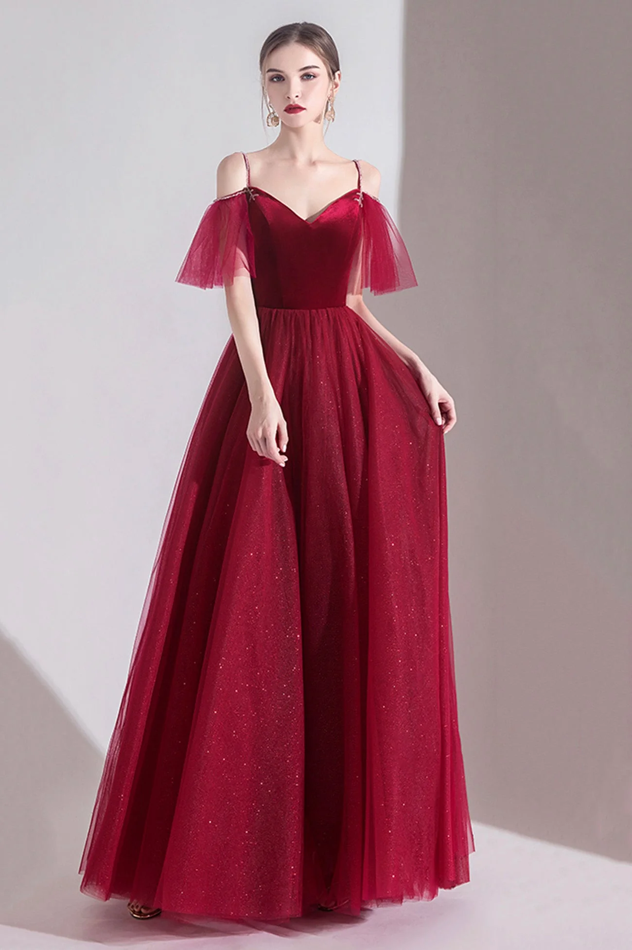 solvbao Burgundy Velvet Tulle Long A-Line Prom Dresses, Simple Evening Dresses - Deanwangkt
