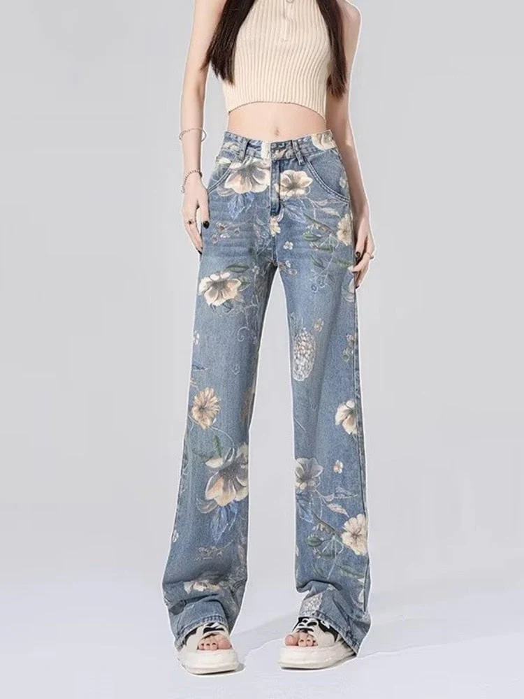 deanwangkt Street Printed Jeans, Female Niche Design, Trendy Vibe High Waisted Drape, Straight Leg Wide Leg Long Pants, Women's Jeans - Deanwangkt