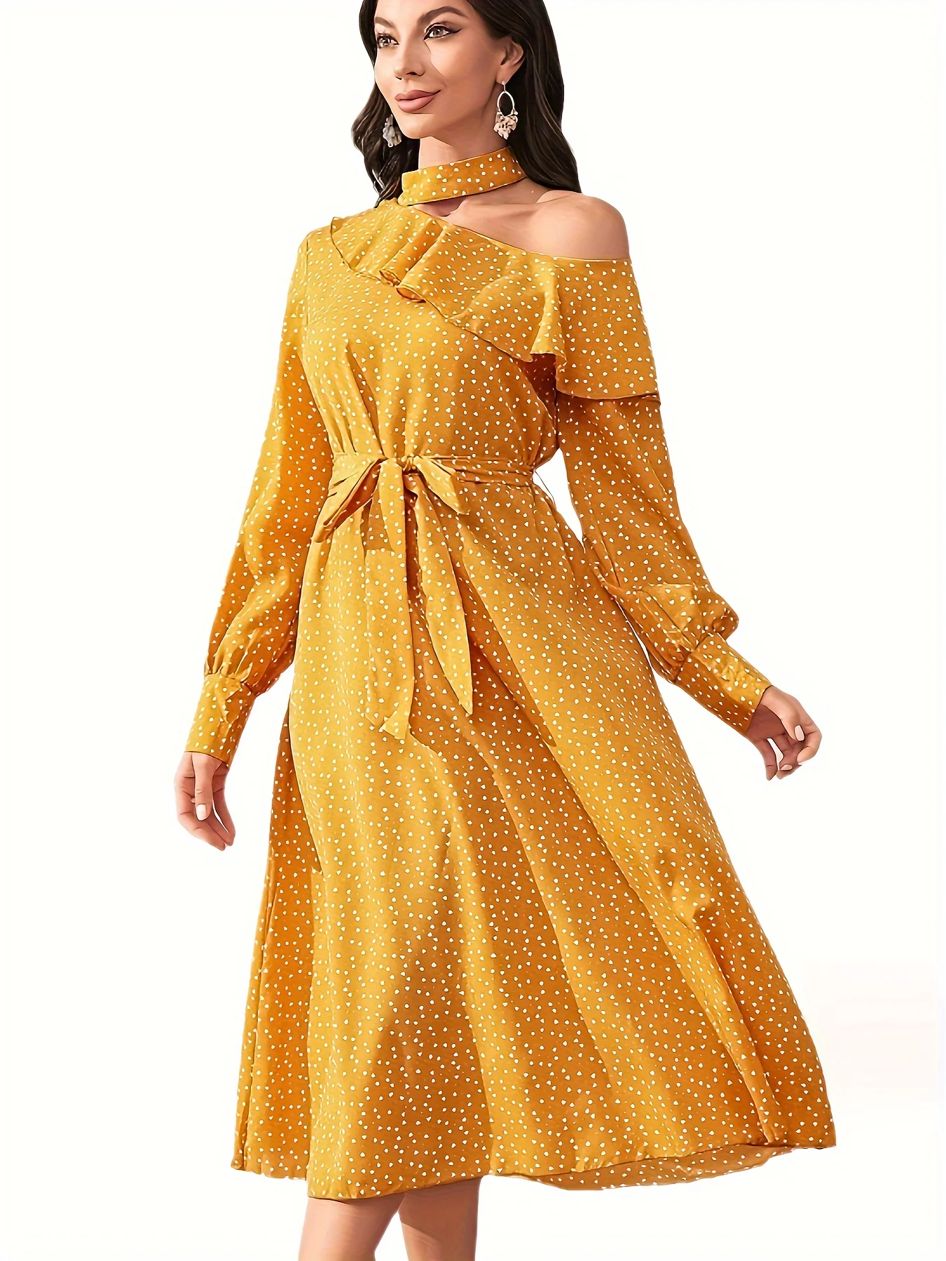 All Over Print One Shoulder Dress, Elegant Long Sleeve Belted Dress, Women's Clothing - Deanwangkt