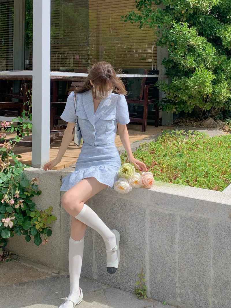 deanwangkt High Quality New Summer Fashion Korean Sweet Elegant 2 Piece Set Women Crop Top Shirt Blouse Mini Skirt Suits Two Piece Outfits - Deanwangkt