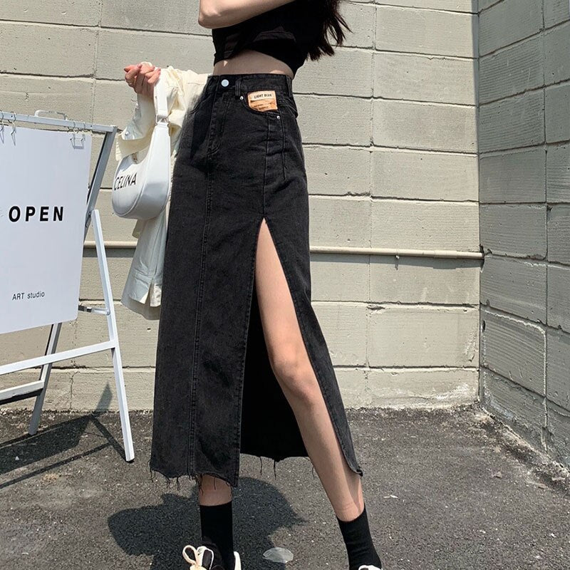 deanwangkt Hem Single Slits Zipper A-Line High Waist Side Slit Denim Casual Long Skirt Female Summer  New Thin Girl Bag Hip Ins Tide - Deanwangkt