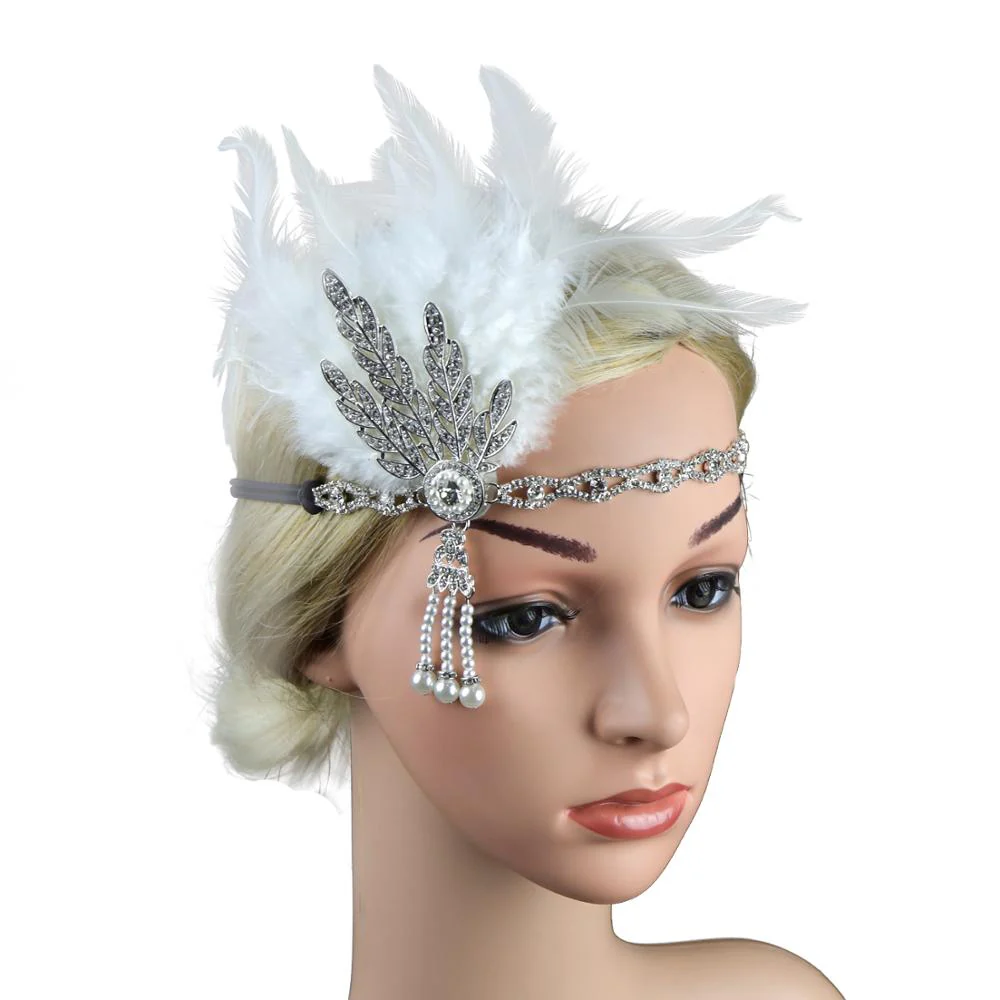 deanwangkt 1920S Flapper Headband Feather Headpiece Roaring 20S Great Gatsby Inspired Leaf Medallion Pearl Headband Women Hair Accessories - Deanwangkt
