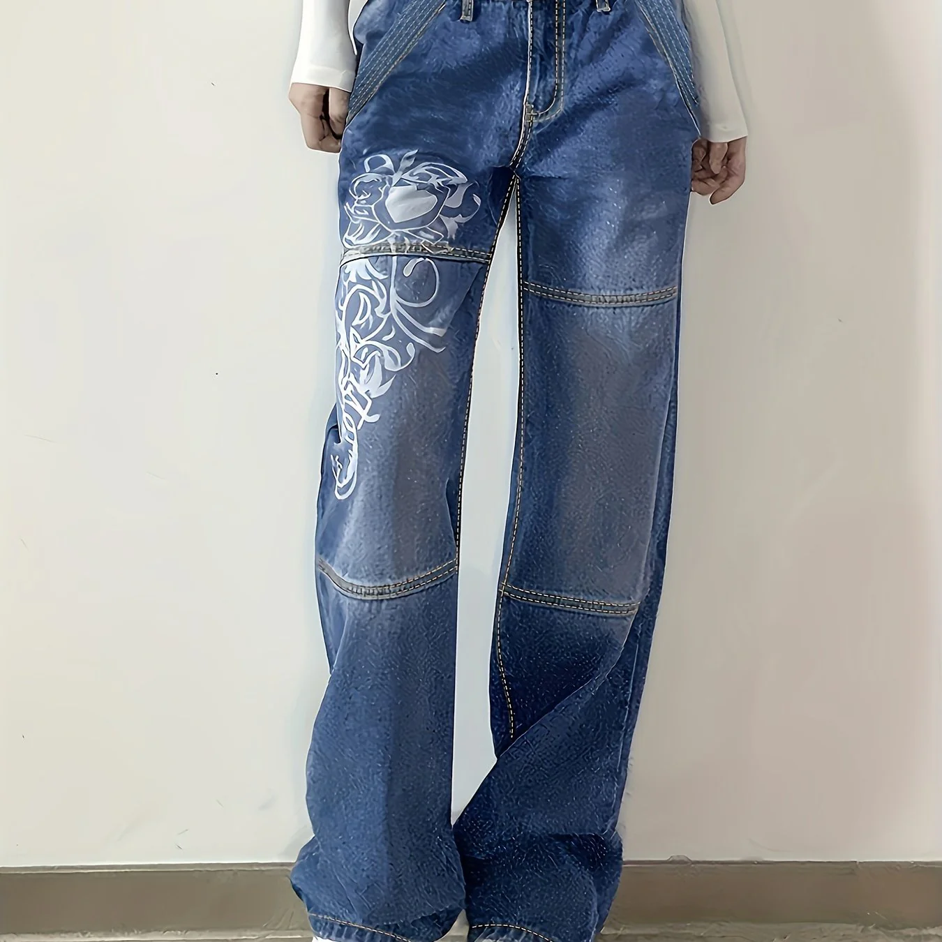 White Floral Print Thigh High Rise Loose Baggy Fit Straight Lets Plicated Hem Sectional Design High Waist Boyfriend Jeans, Women's Denim Jeans, Women's Clothing - Deanwangkt