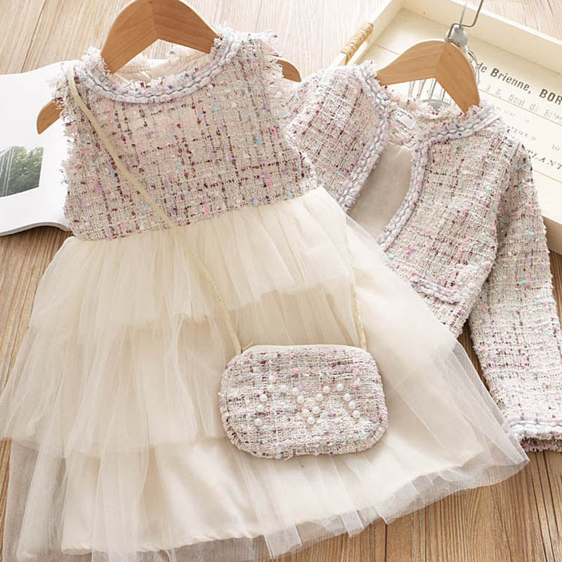 deanwangkt Baby Girl Clothes  Children Suits Korean Version Small Fragrance Girl Plaid Doll Collar Jacket + Love Vest Skirt 2Pcs Clothes Suit Wool Coat - Deanwangkt