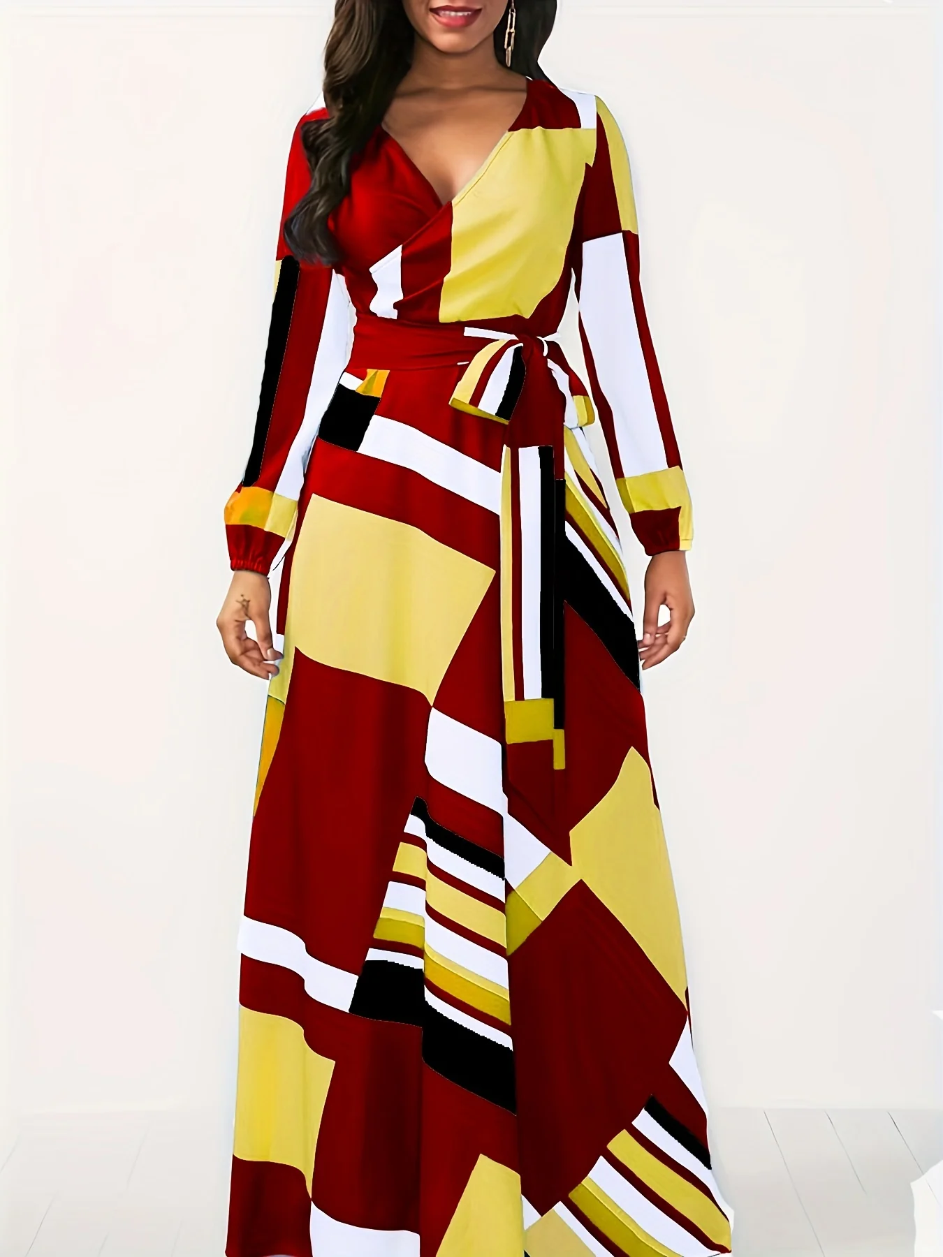 Plus Size Sexy Dress, Women's Plus Random Geometric Print Long Sleeve V Neck Wrap Dress - Deanwangkt