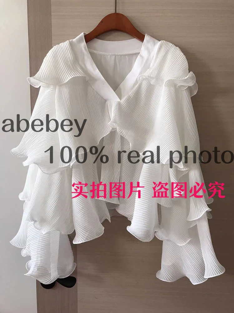 deanwangkt Striped Patchwork Ruffle Blouse For Women V Neck Long Sleeve Elegant Shirt Female Fashion Clothing Spring - Deanwangkt