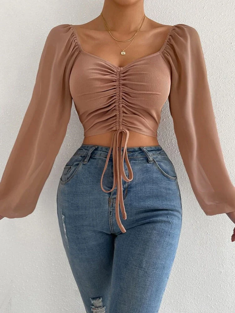 deanwangkt Women Sexy Crop Tops Fashion V-neck Off Shoulder Blouses Summer Drawstring Chiffon Long Sleeve Top Fall New Ladies Short Clothes - Deanwangkt
