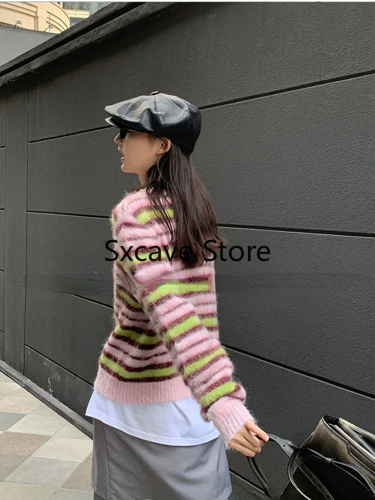 deanwangkt  Autumn Faux Fure Knitted Cardigan Women Casual Long Sleeve Button Kawaii Clothing Striped Sweater Female Korean Style Tops - Deanwangkt
