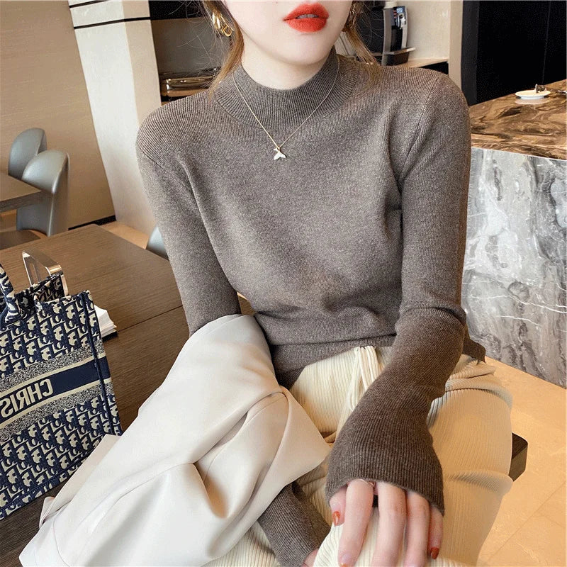 deanwangkt Autumn Winter Women Mock neck Sweaters Pullover Tops Knitwear Fashion Female Long Sleeve Skinny Elastic Casual Knitted Shirts - Deanwangkt