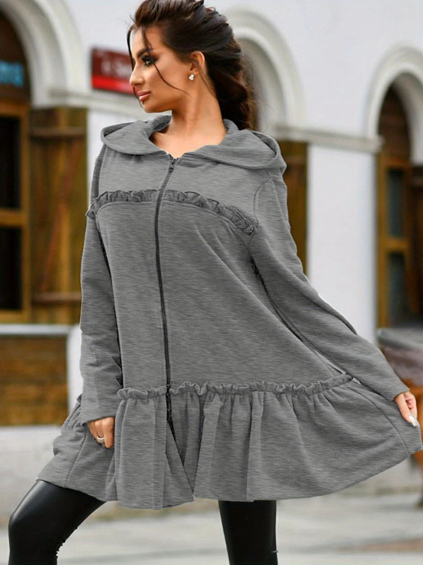 Flared Ruffle Trim Hoodies, Casual Zip Up Long Sleeve Solid Sweatshirt, Women's Clothing - Deanwangkt