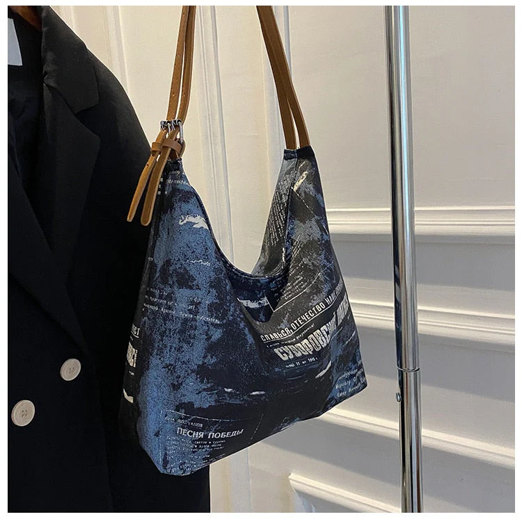 deanwangkt New Shoulder Bag For Women Newspaper Print Oxford Handbags PU Leather Straps Bucket Bag Ladies Tote Bag Hand Bags Bolsos - Deanwangkt