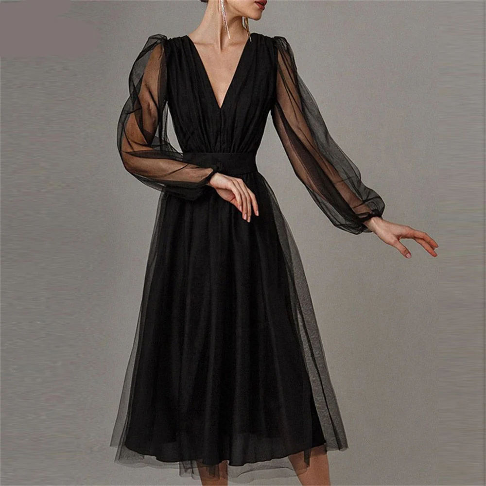 Graduation dress Short A Line Prom Dresses V Neck Long Puff Sleeve Tulle Formal Wedding Evening Party Dresses For Graduation Vestidos De Fiesta - Deanwangkt