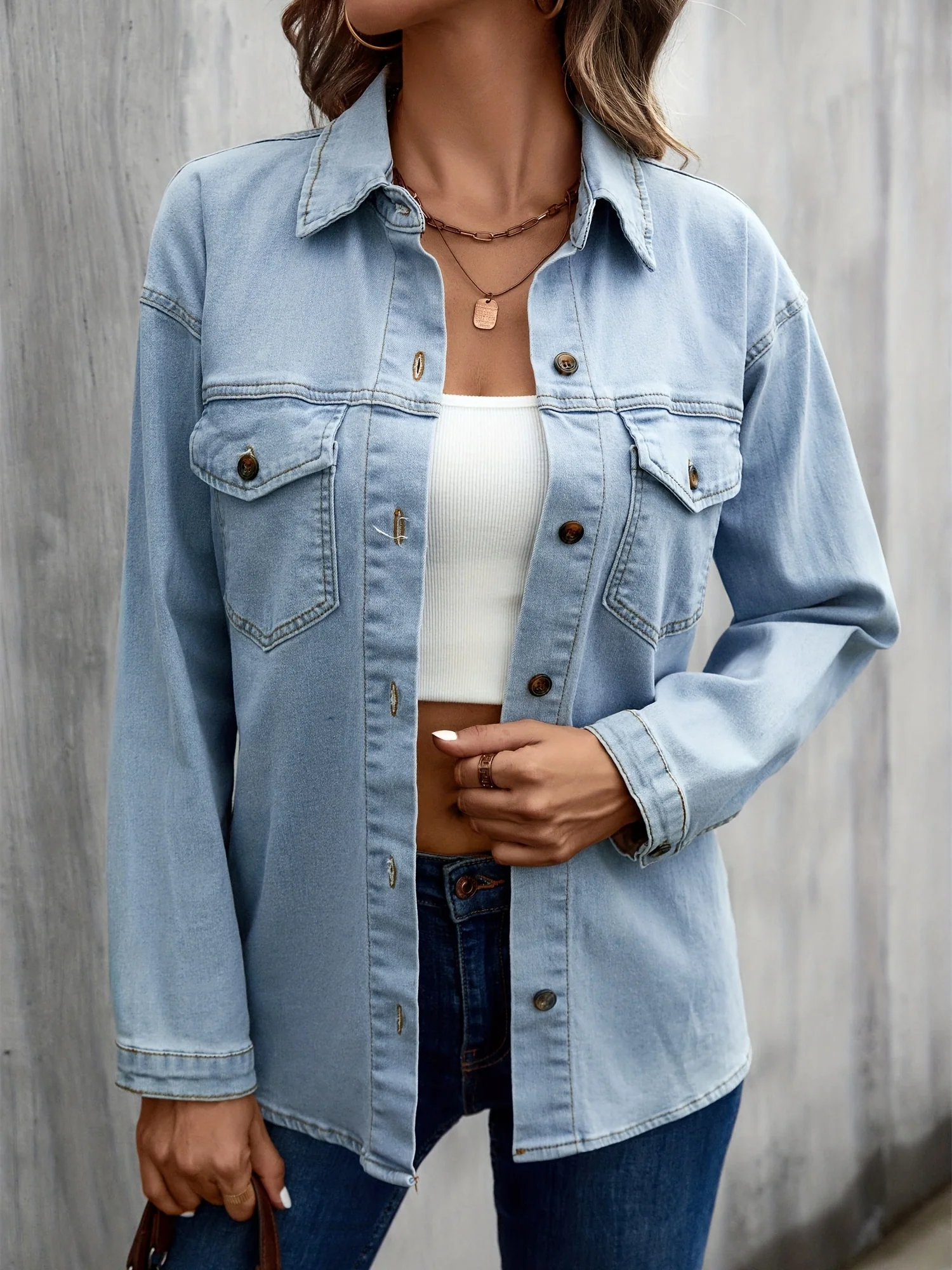 Blue Long Sleeves Denim Jackets, Flap Pockets Single-Breasted Button Lapel Denim Coats, Women's Denim Clothing - Deanwangkt