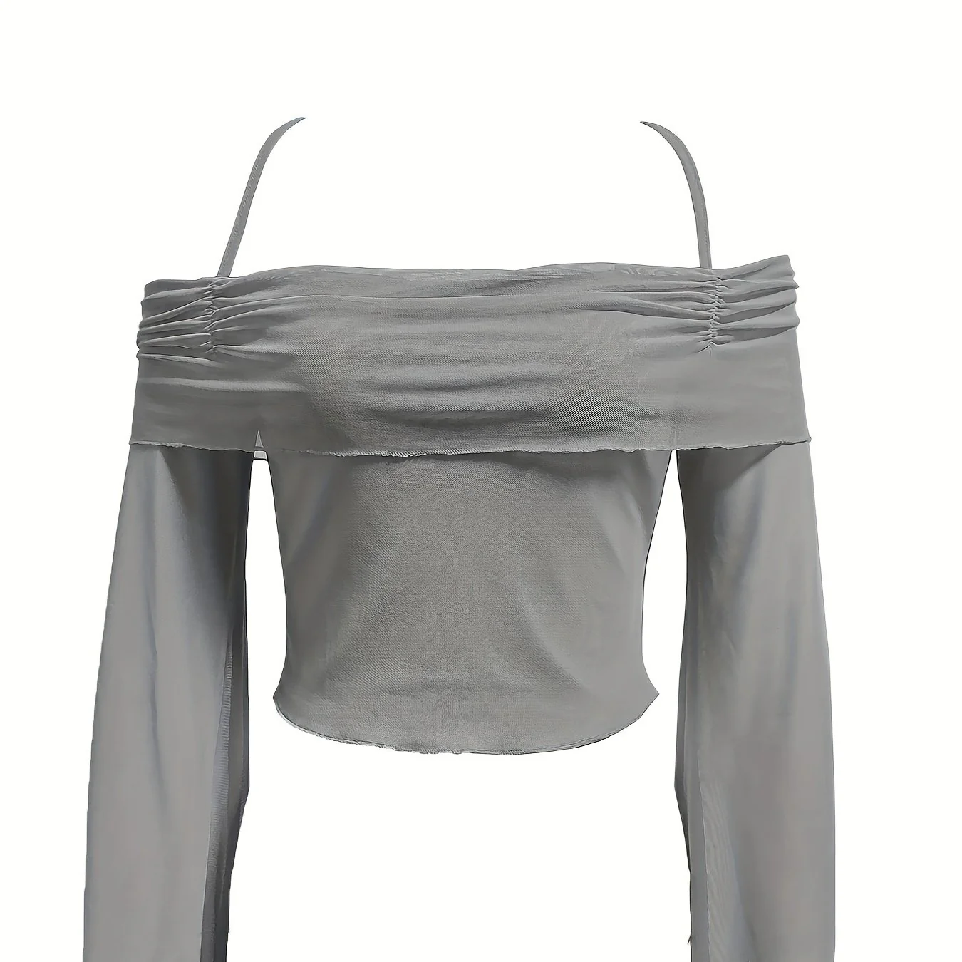 Solid Flared Sleeve Blouse, Casual Halter Neck Ruched Blouse, Women's Clothing - Deanwangkt
