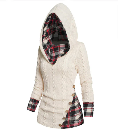 deanwangkt  Casual Women Hoodie Pullovers Long Sleeve Twisted Cable Knit Tops Plaid Print Hooded Sweater For Female Spring Winter - Deanwangkt