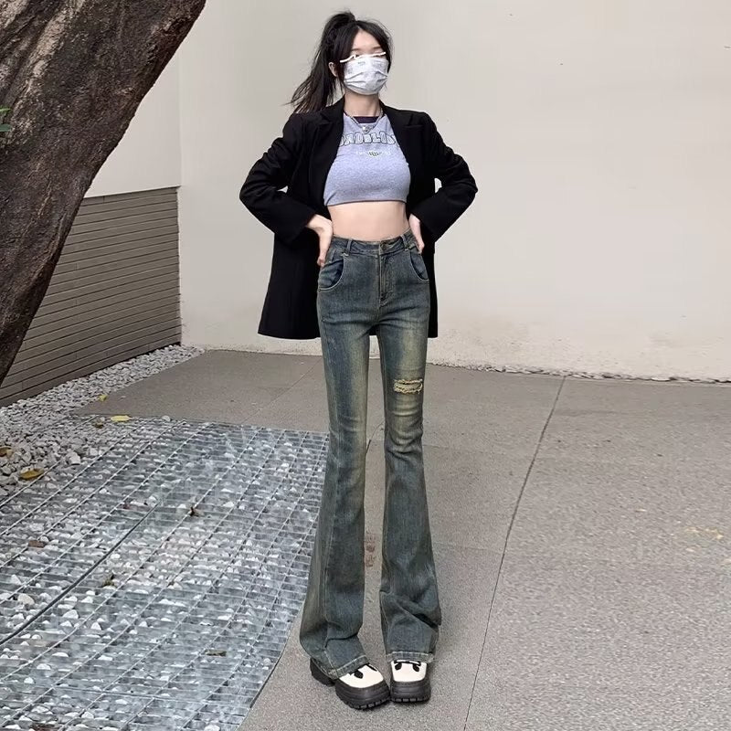 deanwangkt Micro Flared Pants, Spring And Autumn Pants, High Waisted Jeans, Minimalist New Style, Fashionable Harajuku Women's Trend - Deanwangkt