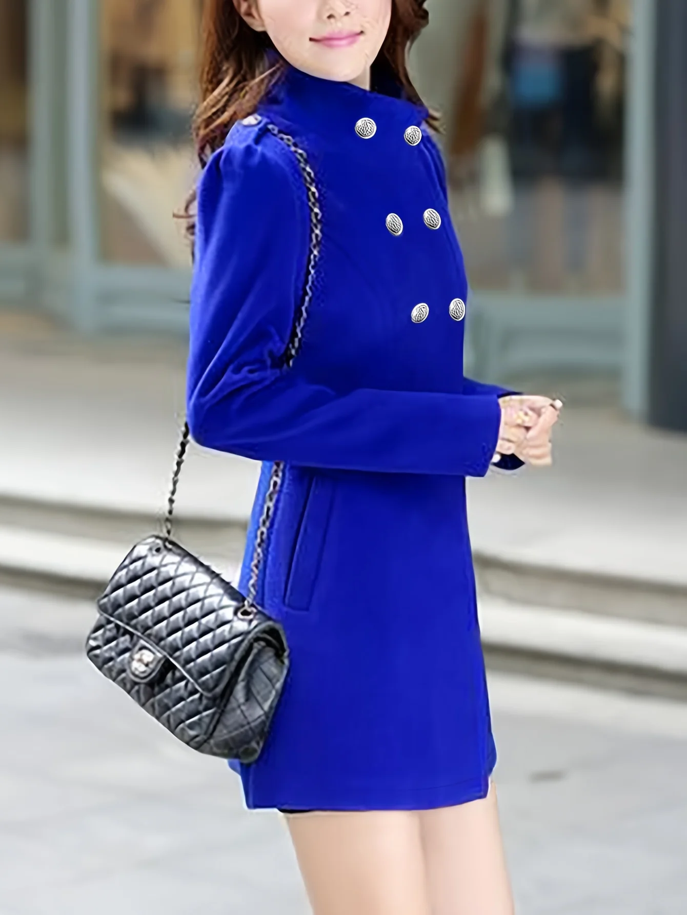 deanwangkt Double Breasted Flared Hem Coat, Casual Solid Long Sleeve Outerwear, Women's Clothing - Deanwangkt