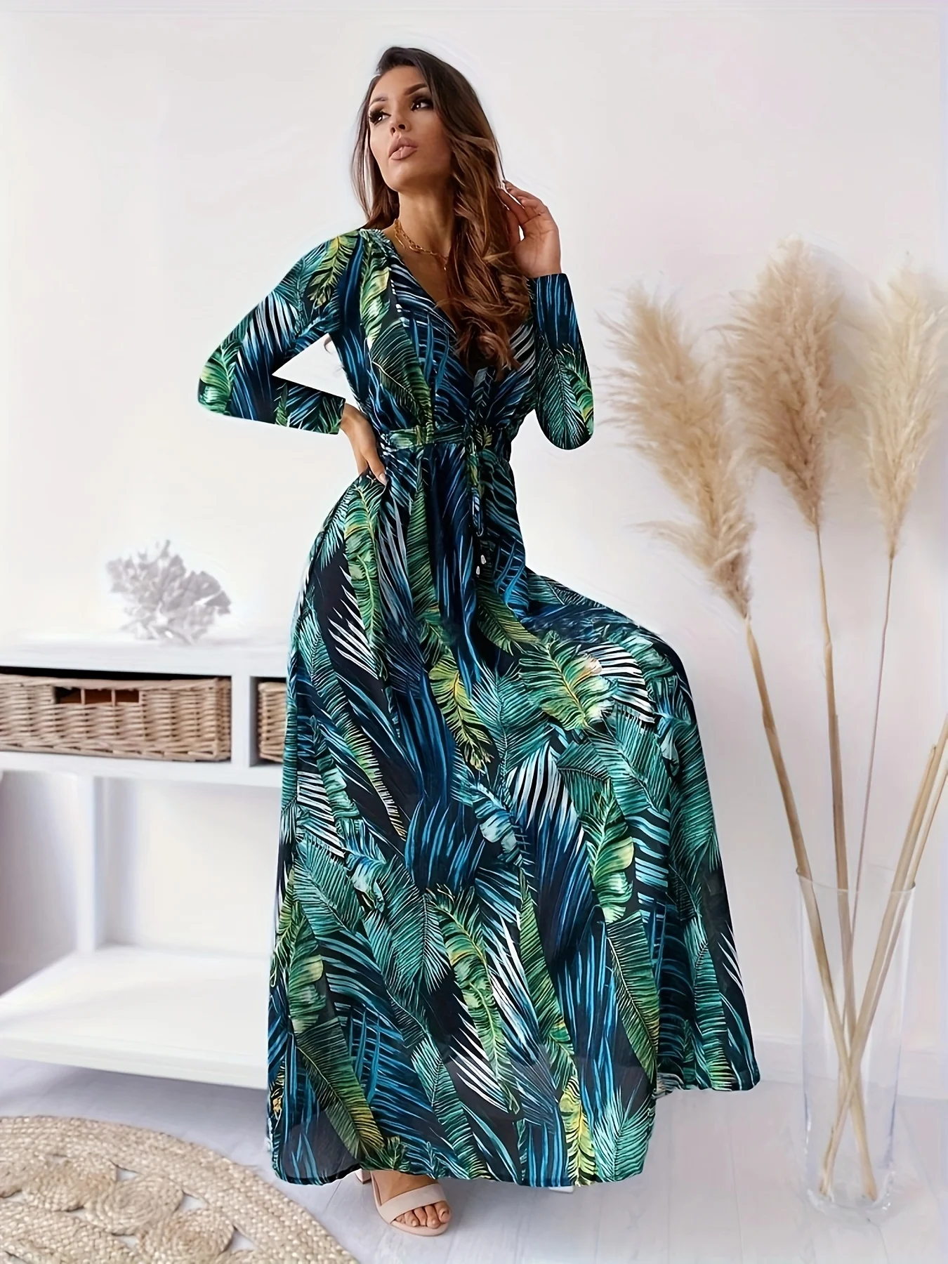 Leaf Print Long Sleeve Dress, Boho Plunge Neck Maxi Length Dress, Women's Clothing - Deanwangkt