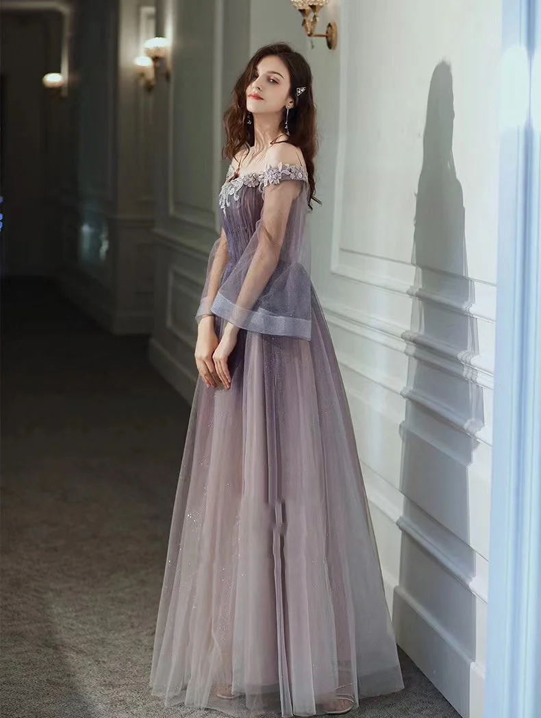 Solvbao Purple Gradient Tulle Long Sleeves Straps Prom Dress Party Dress, A-line Tulle Formal Dresses - Deanwangkt