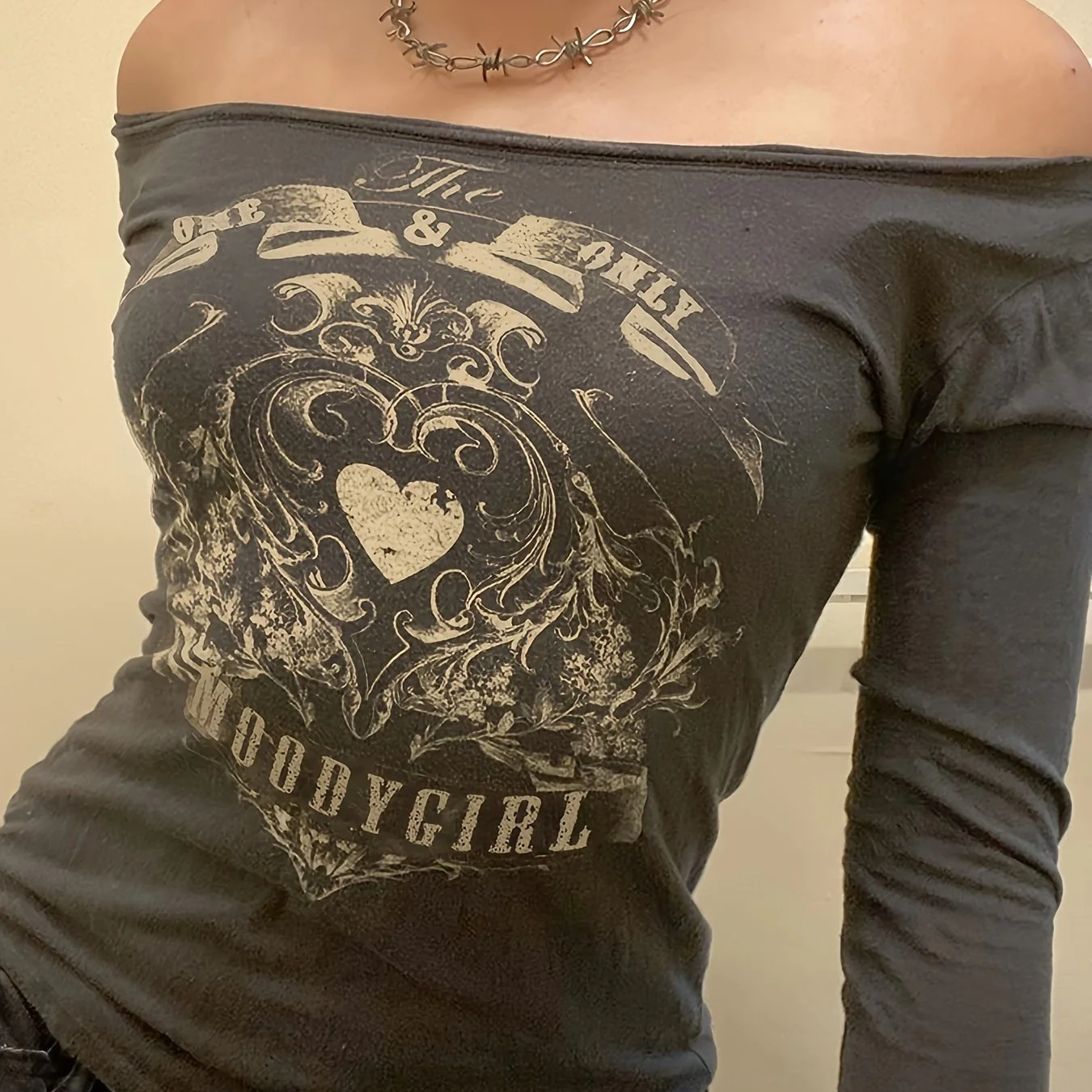 deanwangkt-1 Heart & Letter Print Off Shoulder T-Shirt, Vintage Long Sleeve T-Shirt For Spring & Fall, Women's Clothing - Deanwangkt