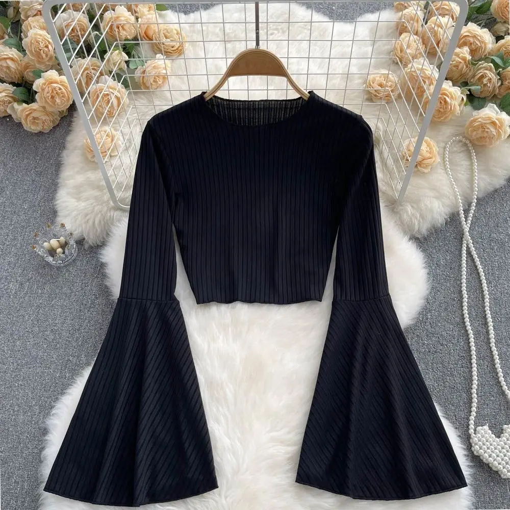 deanwangkt Elegance Casual Fashion Flared Sleeve Short O-neck Slim T-shirt And Blouses Top Summer Autumn Clothes For Woman Basics - Deanwangkt