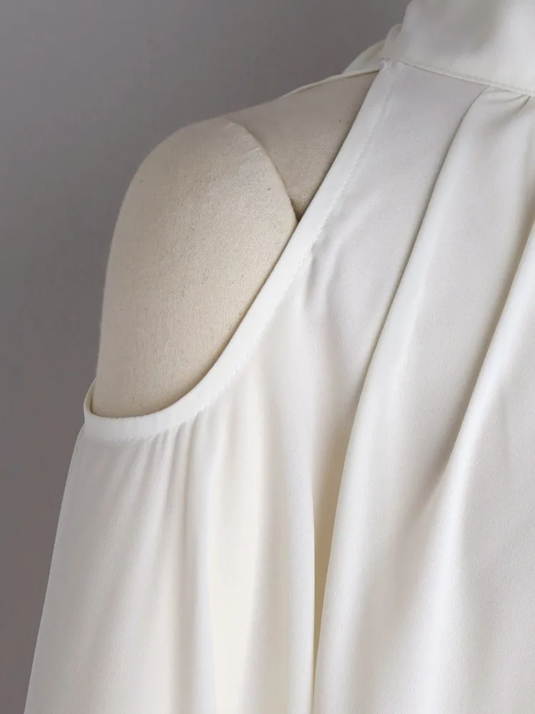 deanwangkt Fashion Woman Blouses Summer Shirts Chiffon Tops New Elegant Hollow Shoulder Back Lace Up Bow Full Sleeve Pullover Top - Deanwangkt