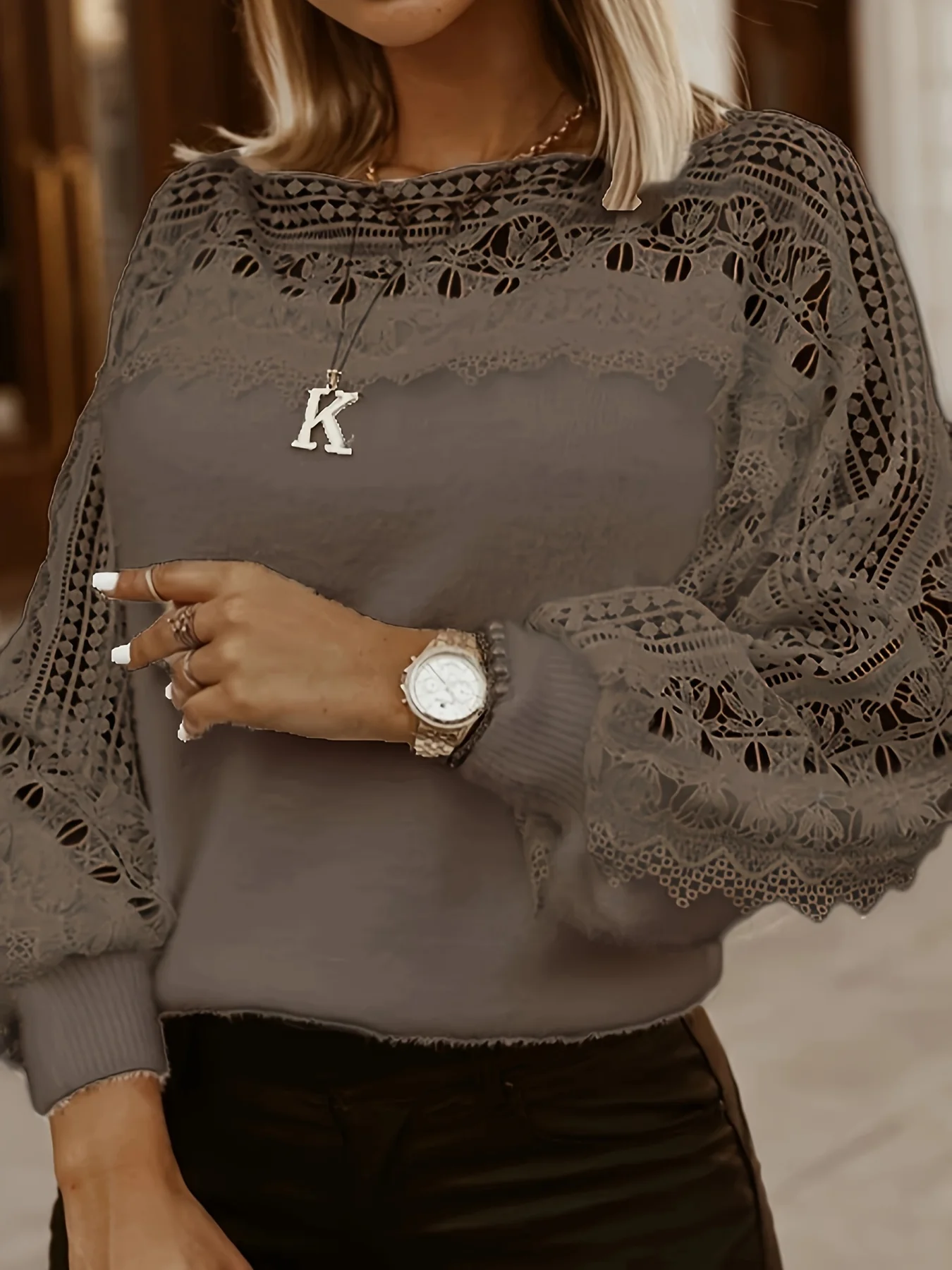 Cutout Lace Stitching T-Shirt, Casual Long Sleeve Top For Spring & Fall, Women's Clothing - Deanwangkt