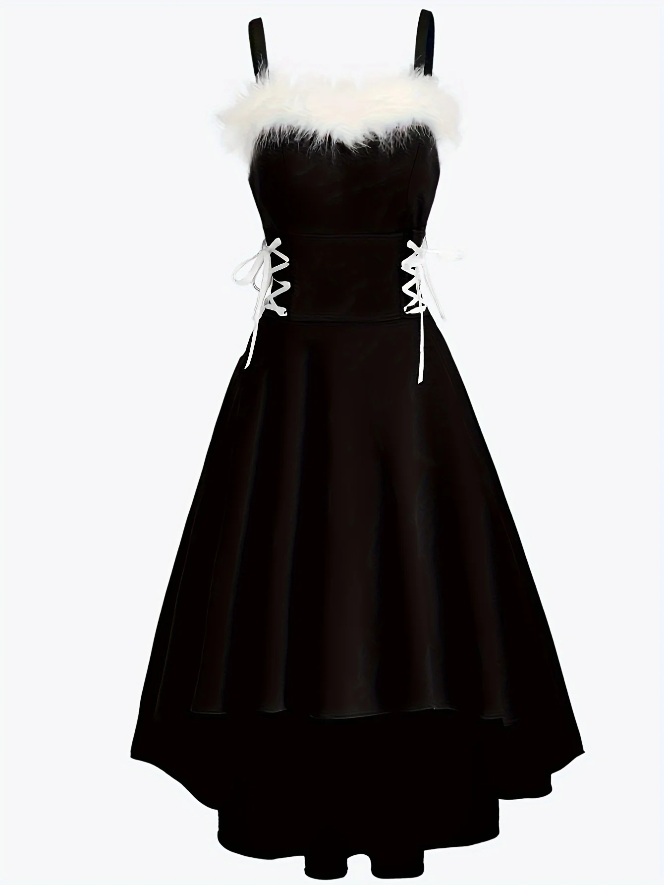 Christmas Faux Fur Trim Cami Dress, Lace Up High-low Backless Dress, Women's Clothing - Deanwangkt