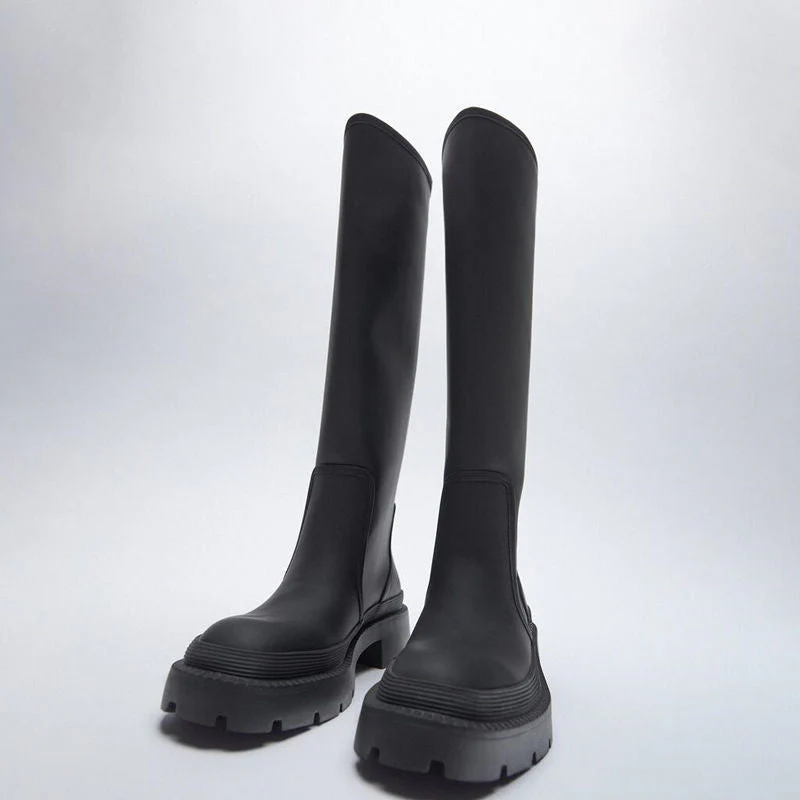DEANWANGKT  New Round Toe Platform Women Knee High Boots Slip On Casual Chunky Heel Women Long Boots Luxury Brand Designer Winter Shoes - Deanwangkt