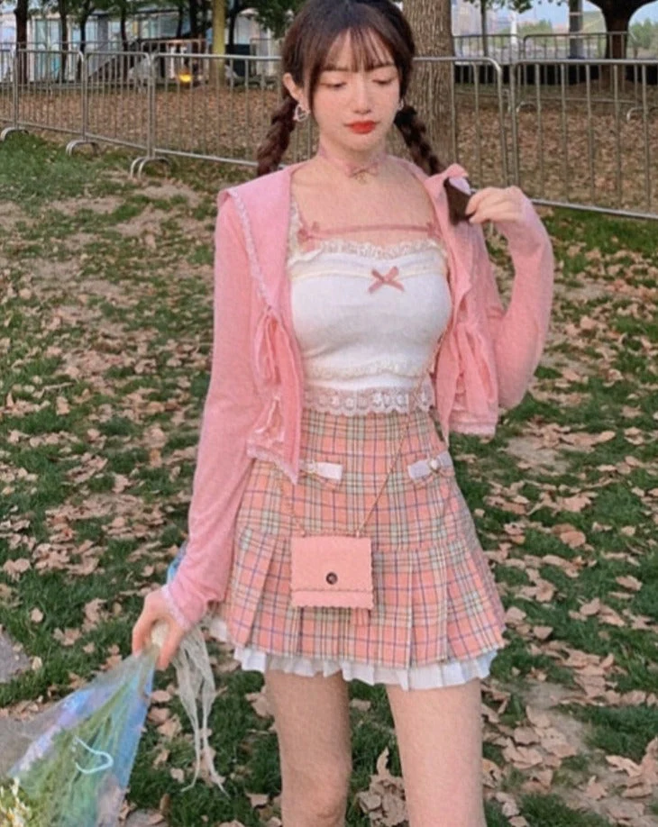 Pink Japanese Kawaii Lolita Crop Top Women White Korean College Style Sweet Tank Top Bow Lace France Princess Vset Female - Deanwangkt