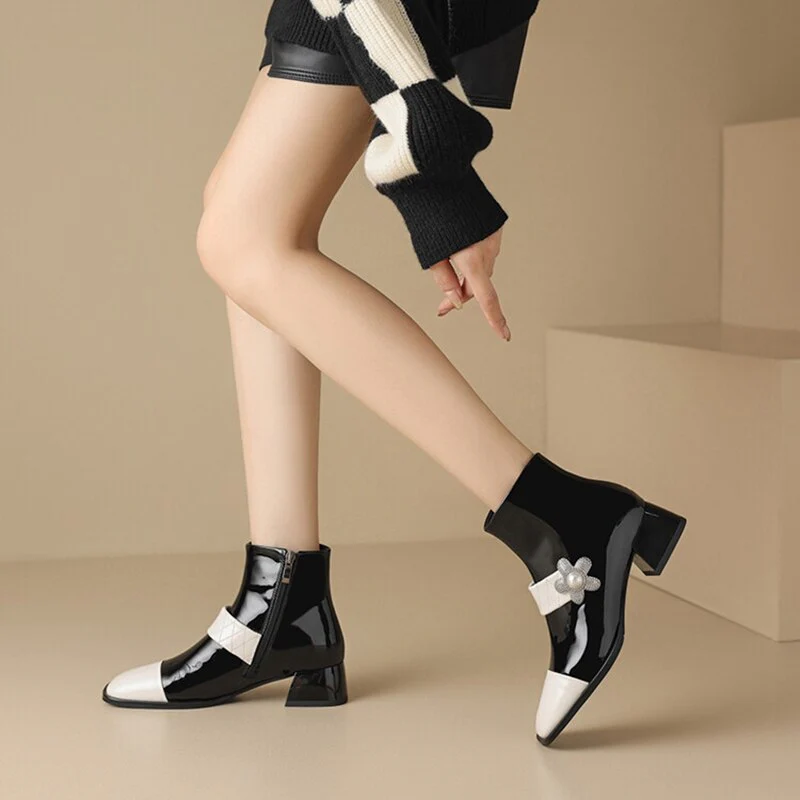 deanwangkt  fashion inspo   Autumn Women Boots Square Toe High Heel Shoes Patent Leather Shoes for Women Mixed Colors Boots Winter Chunky Heel Ankle Boots - Deanwangkt