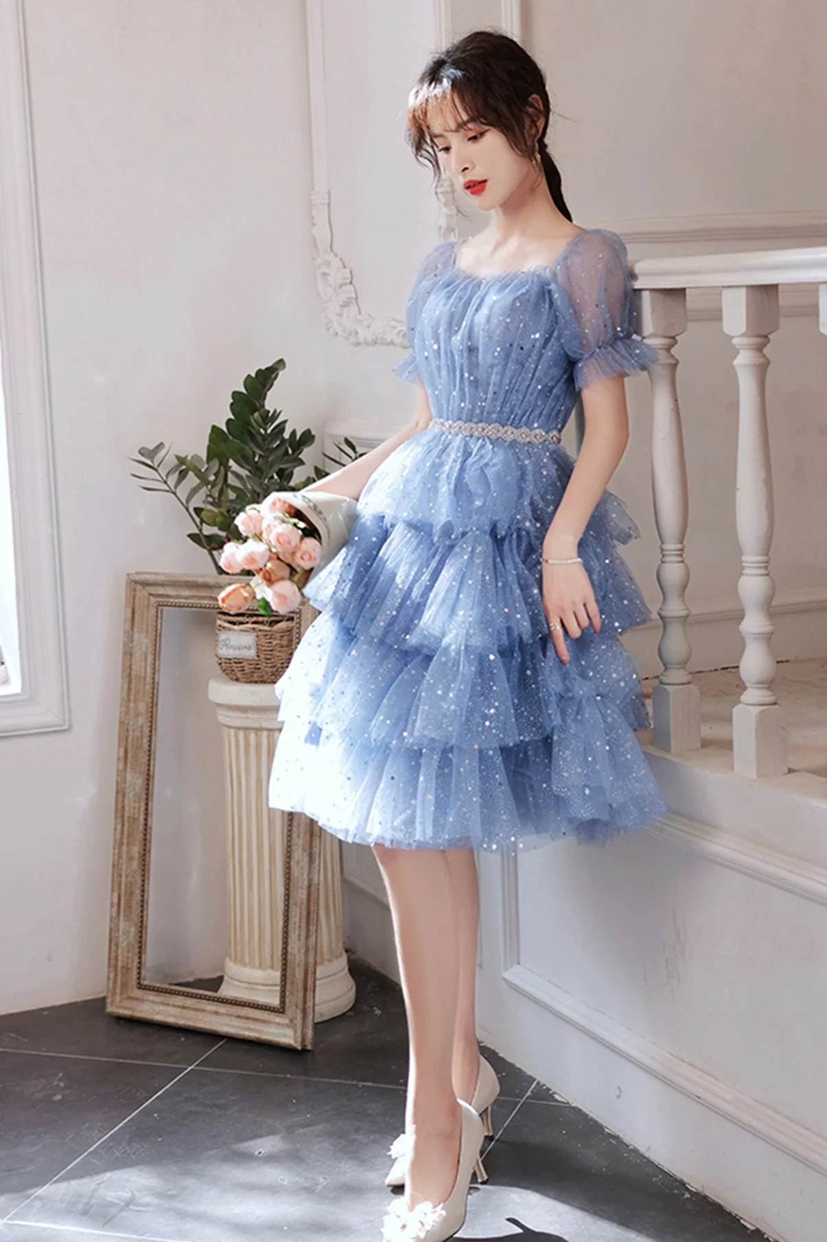 solvbao Blue Tulle Short A-Line Prom Dresses, Blue Mini Party Dresses - Deanwangkt