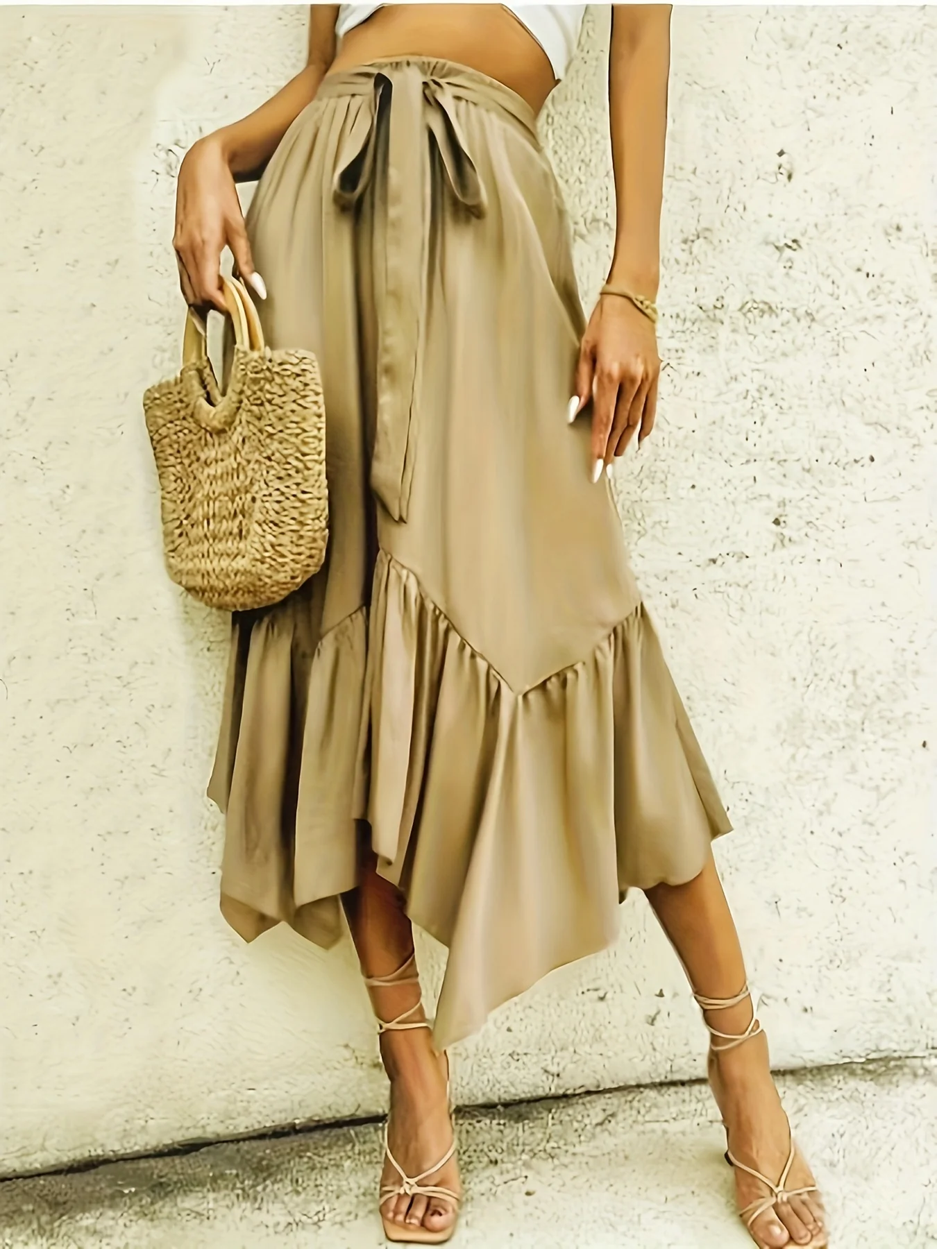 deanwangkt-1 Y2K Lace Up Ruffle Hem Skirt, Fashion Solid High Waist Skirt, Casual Every Day Skirts, Women's Clothing - Deanwangkt