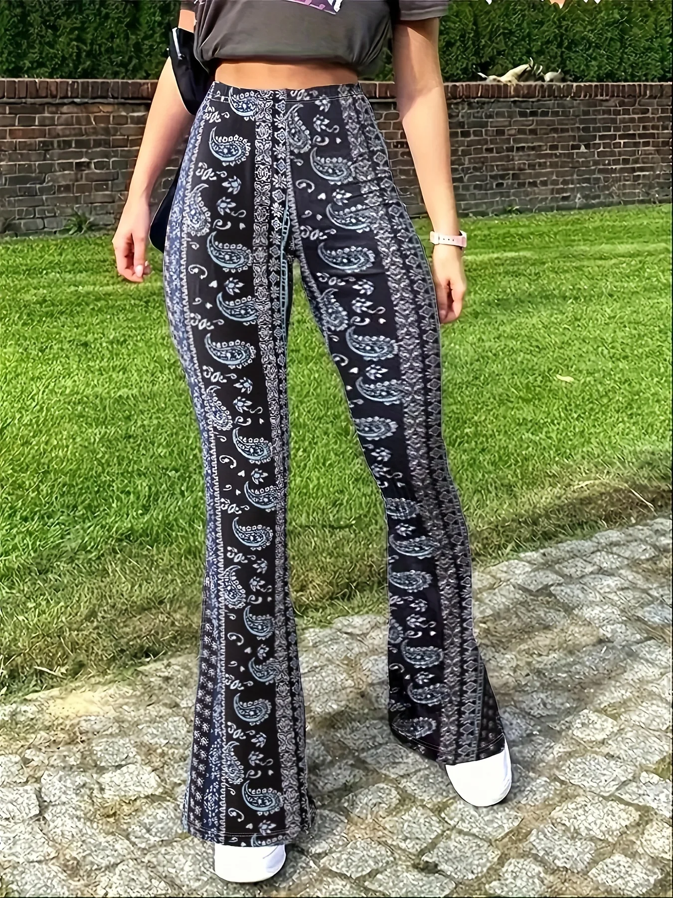 deanwangkt-1  Paisley Print Slim Stretchy Waist Pants, Sexy Flare Pants For Spring & Summer, Women's Clothing - Deanwangkt