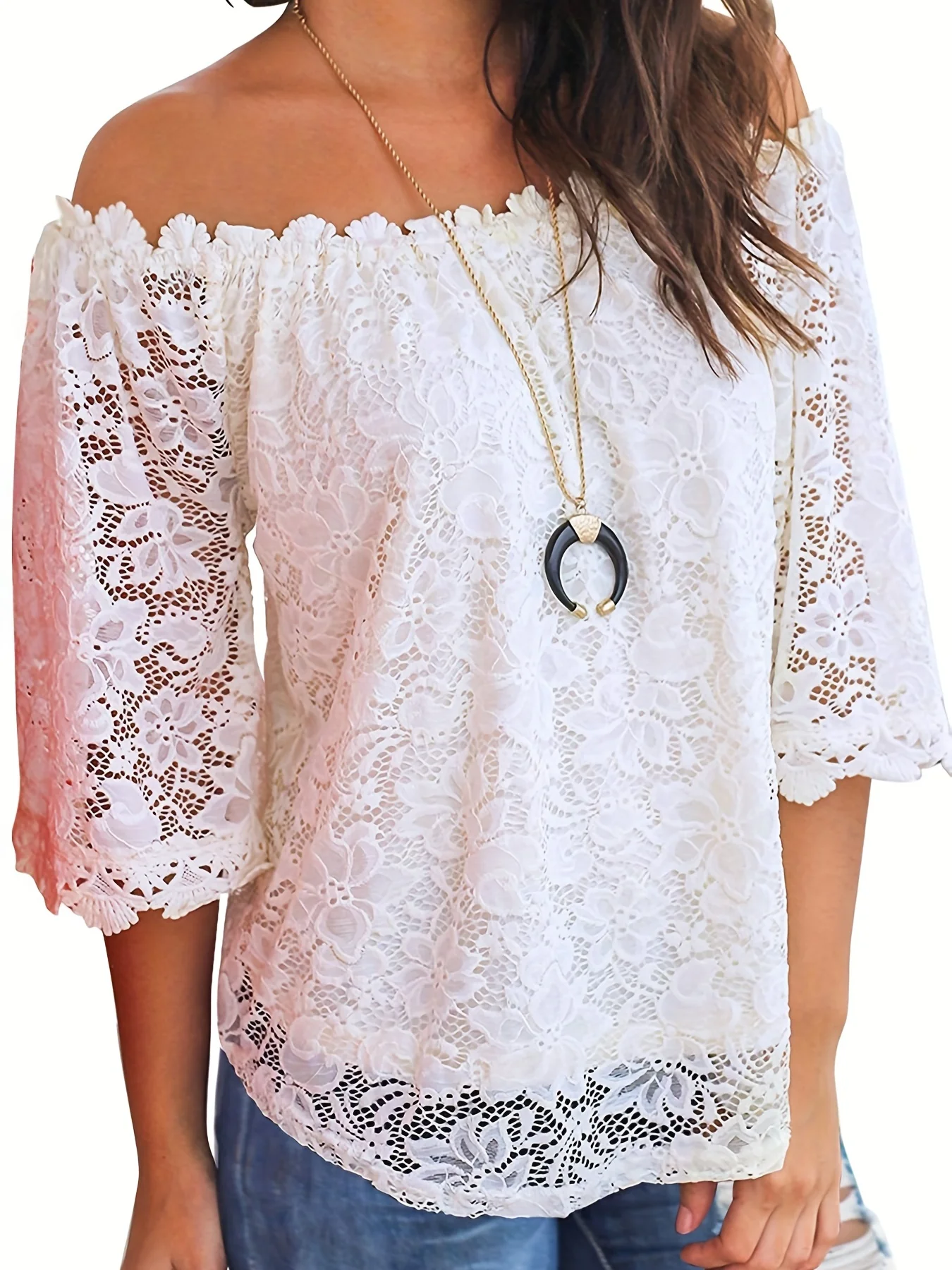 Floral Lace Off Shoulder Blouse, Elegant 3/4 Sleeve Blouse For Spring & Summer, Women's Clothing - Deanwangkt