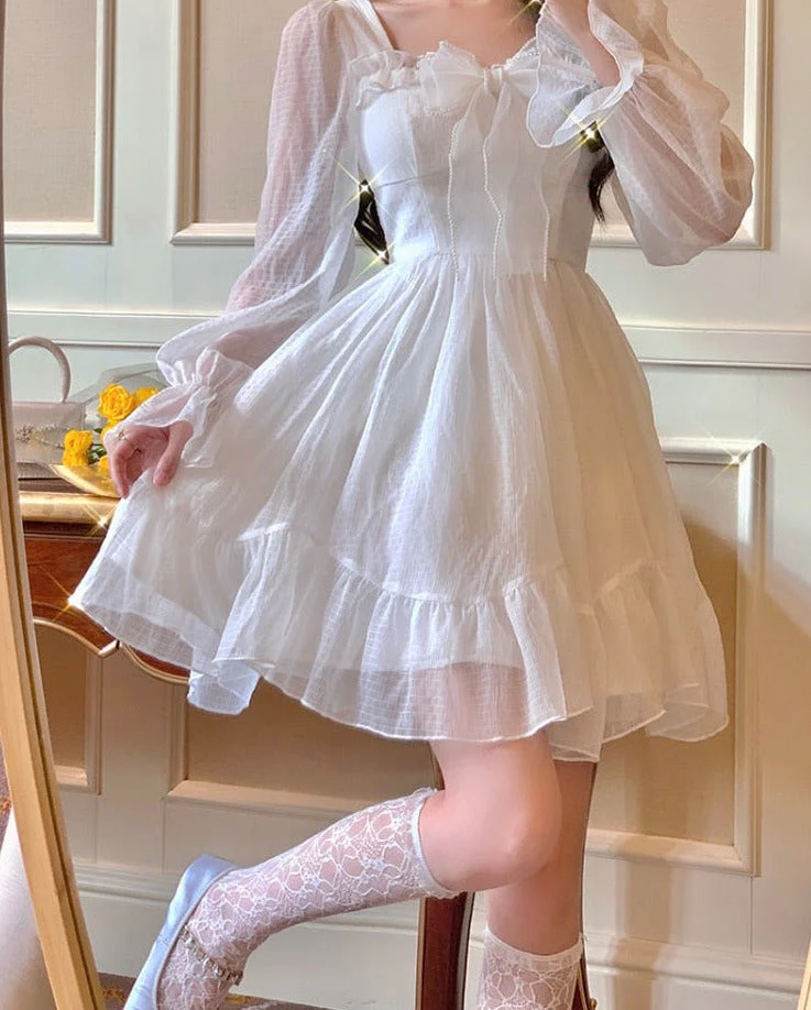deanwangkt French Sweet Fairy Lolita Dress Women Long Sleeve Lace Y2k Mini Dress Vintage Kawaii Clothes One Piece Dress Korean  Autumn - Deanwangkt