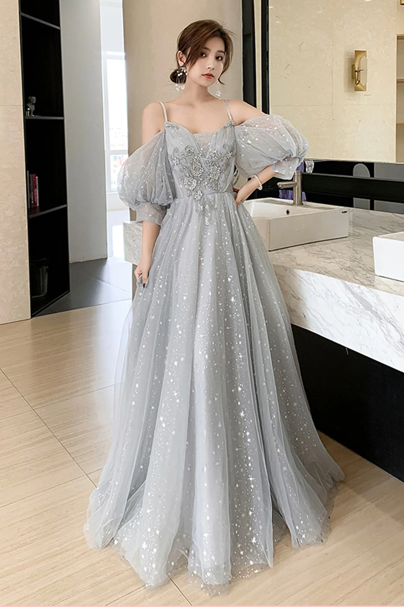 solvbao Gray Tulle Sequins Long Prom Dresses, A-Line Evening Dresses - Deanwangkt