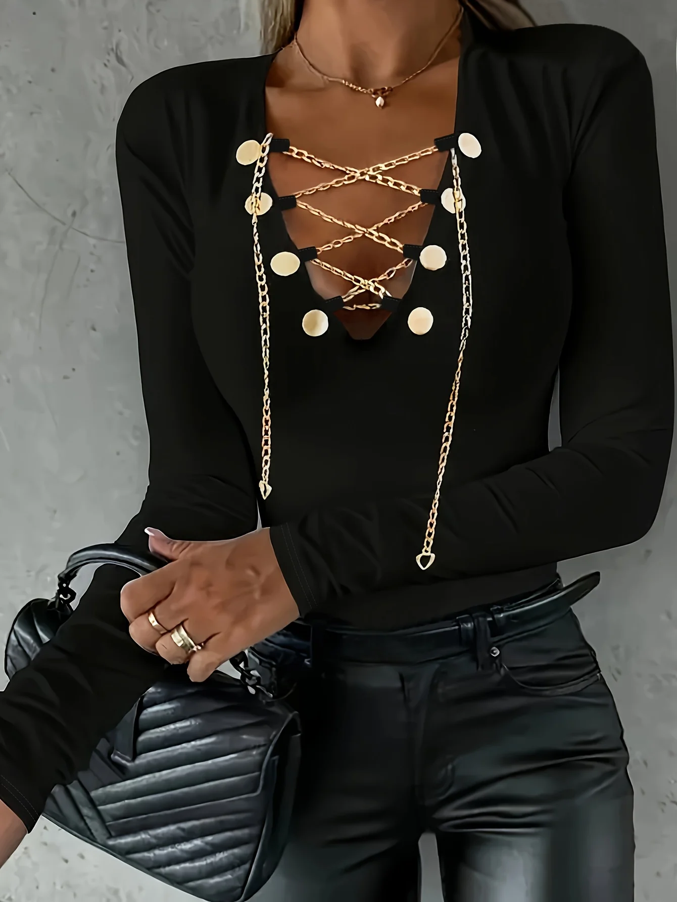 deanwangkt-1 Criss Cross Chain T-shirt, Casual Slim Long Sleeve Solid T-shirt, Women's Clothing - Deanwangkt