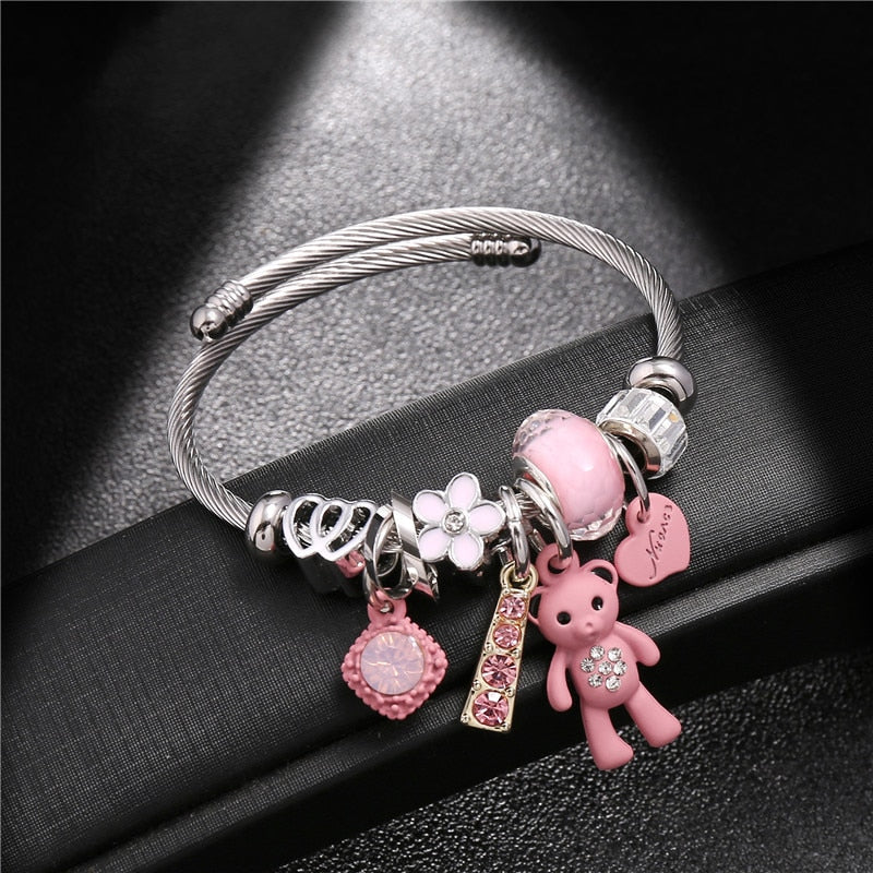 DEANWANGKT Fashion Bracelets & Bangles Stainless Steel DIY Jewelry Big Pink Bear Pendant Hearts Love Women's Bracelet Cuff Charms Pulseras - Deanwangkt