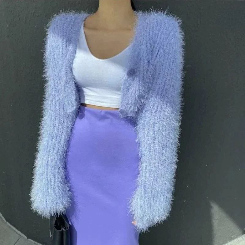 deanwangkt Women Yellow Mink Cashmere Knitted Cardigan V-neck Velvet Mohair Sweater Coat Long-sleeved Wild Plush Single-breasted Crop Tops - Deanwangkt