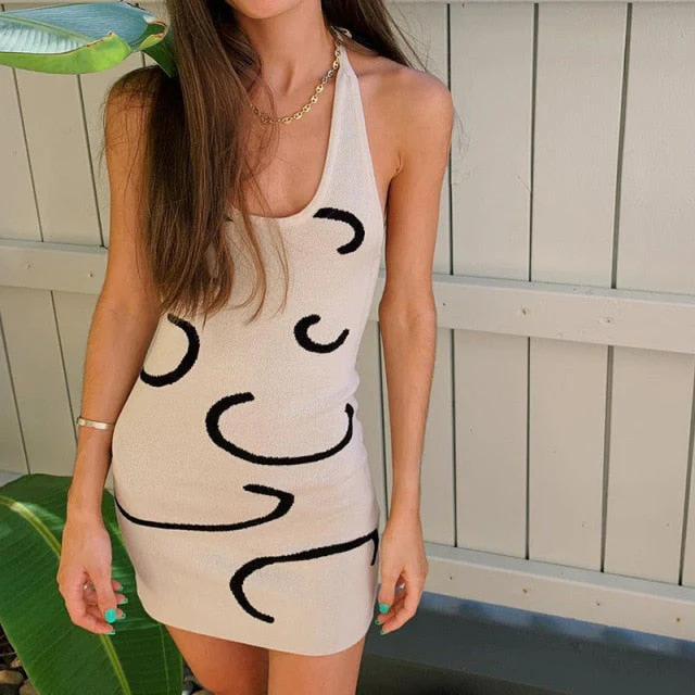 Female Beach Knitted Bodycon Dress Chic Women Elegant Lady Backless Sleeveless Bandage Halter Sundress Summer Vacation Clothing - Deanwangkt