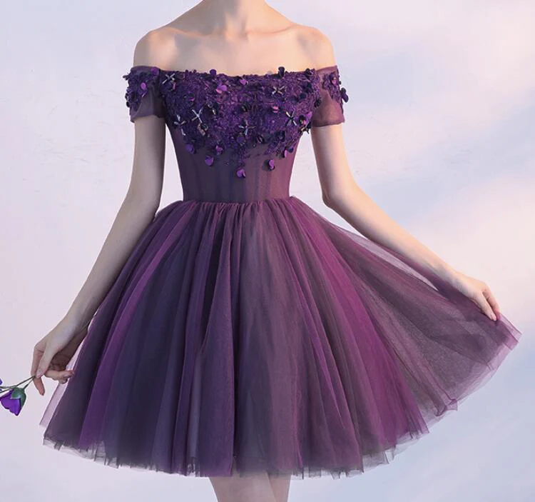 Solvbao Dark Purple Off Shoulder Knee Length Homecoming Dress , Lovely Formal Dress, Cute Party Dress - Deanwangkt